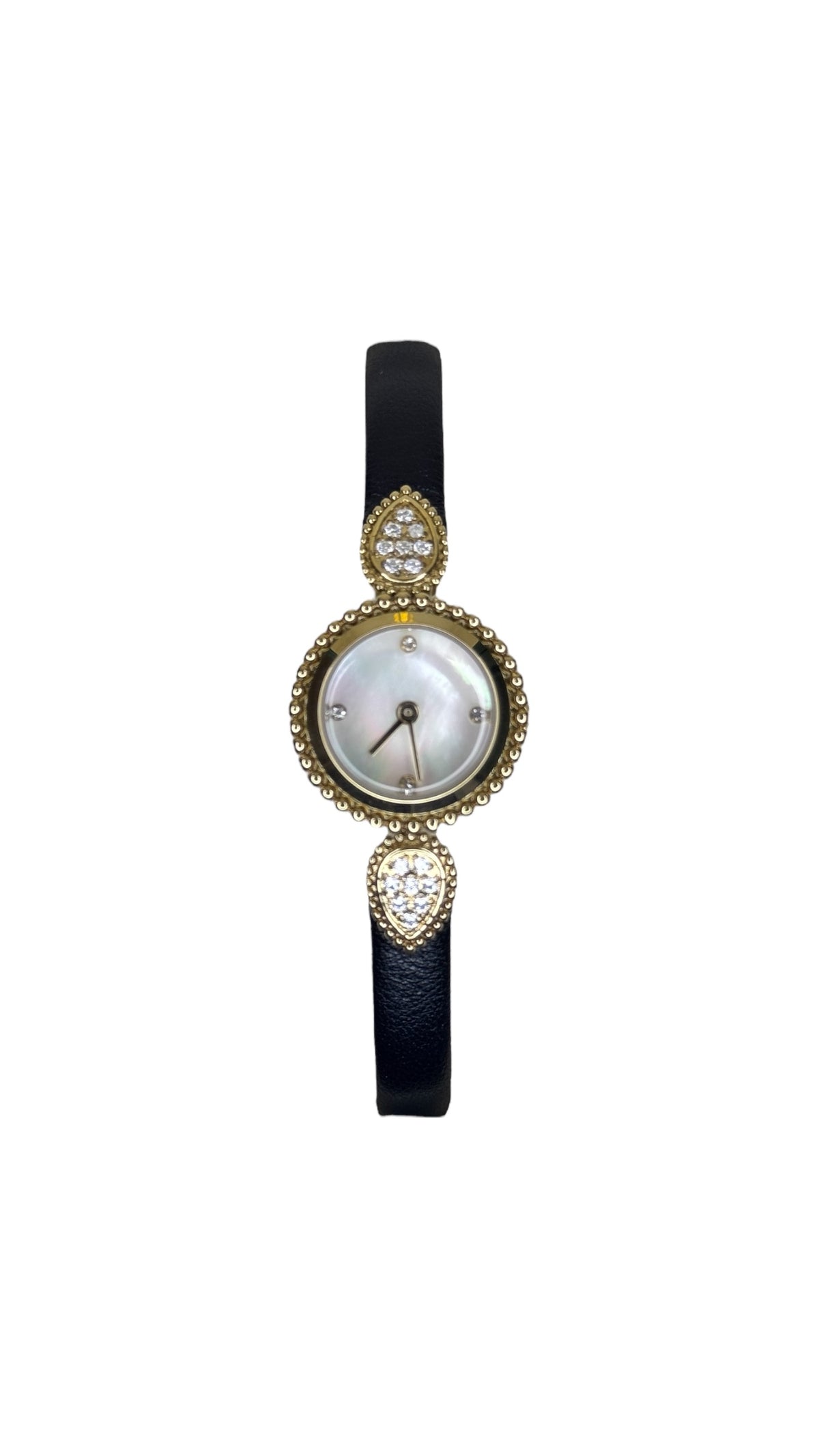 Black Leather Strap With Gold Case and Pearl White Dial