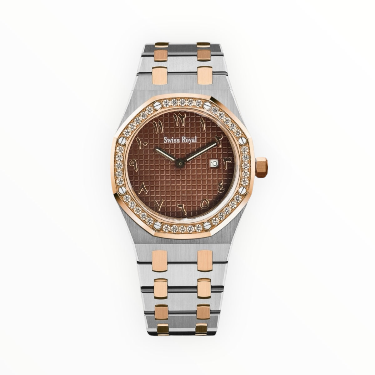 Silver - Rose Gold Case with Brown Arabic Dial (Crystal Bezel)