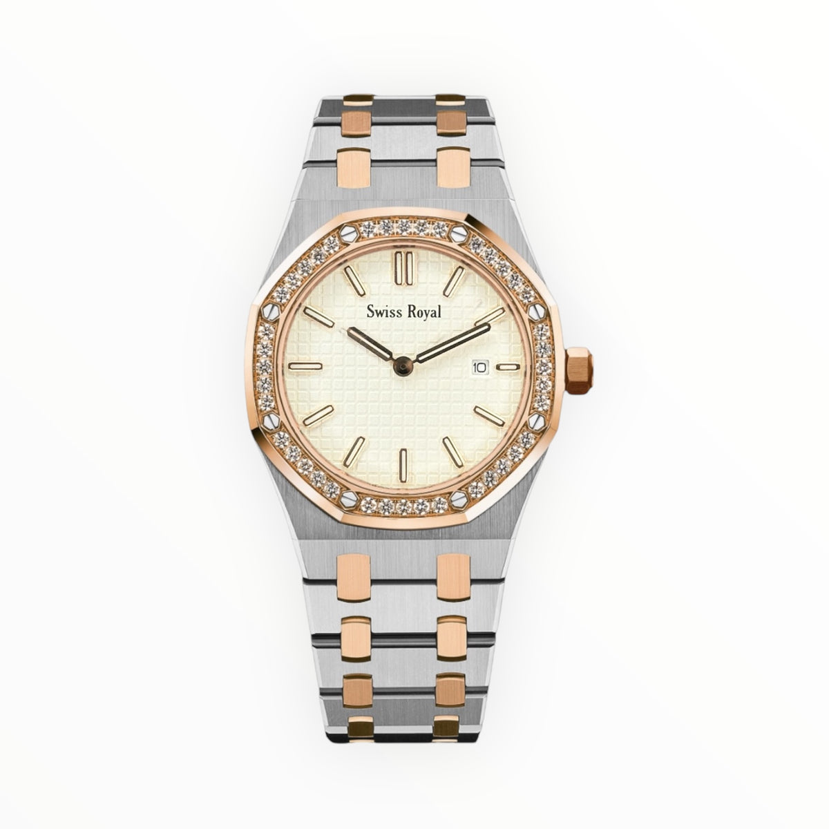 Silver - Rose Gold With White Dial (Crystal Bezel)